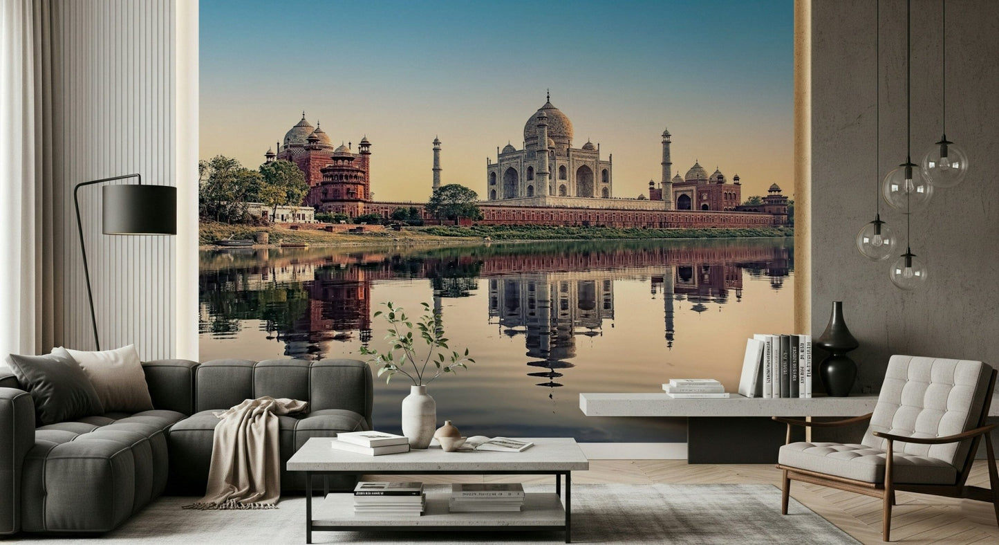 Taj Mahal's Reflection Wall Mural creating a serene backdrop in a guest suite.