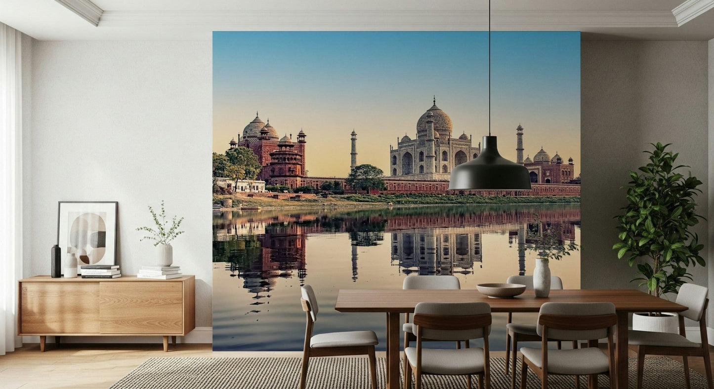 Ivory monument and water reflection wallpaper for a traditional bedroom.