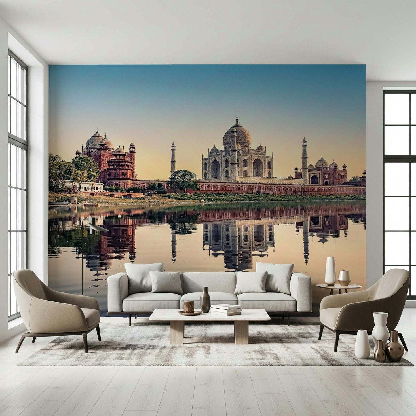 Large scale Taj Mahal's Reflection Wall Mural for a high-ceilinged room.