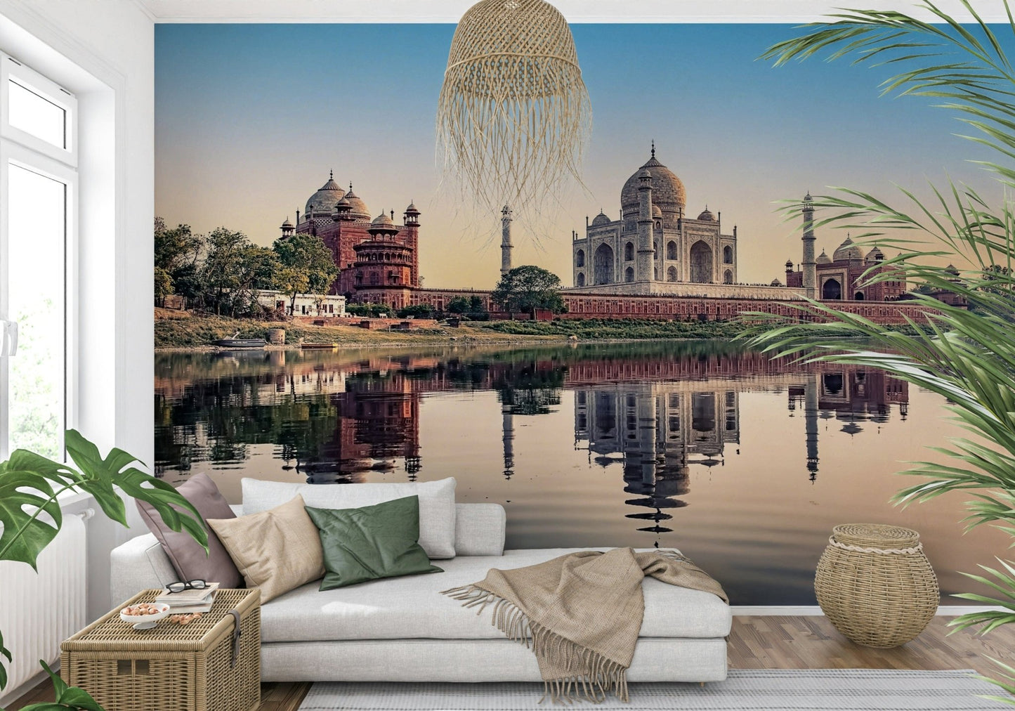 Scenic Taj Mahal's Reflection Wall Mural as a grand feature wall in a lounge.