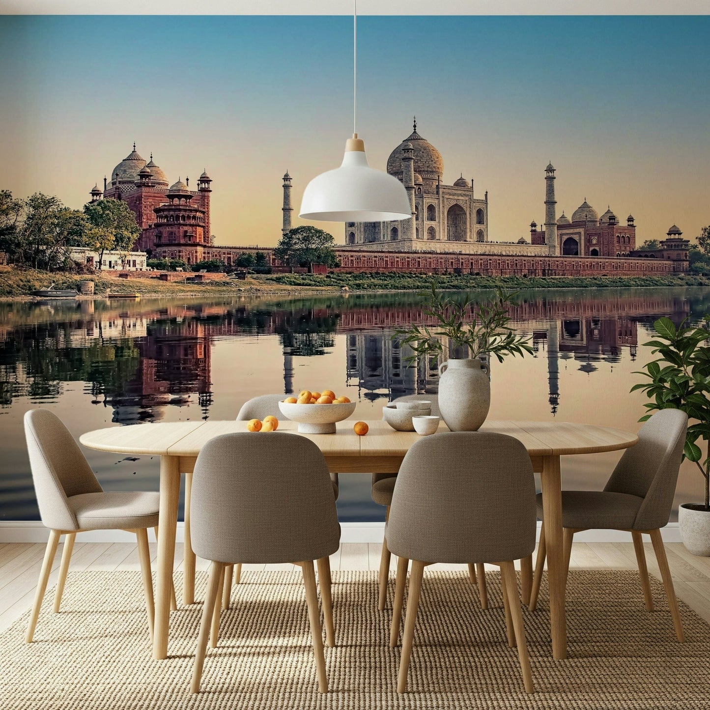 Taj Mahal's Reflection Wall Mural paired with gold accents in a dining space.