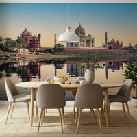 Taj Mahal's Reflection Wall Mural paired with gold accents in a dining space.