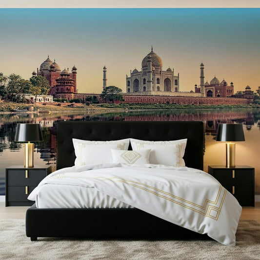 Classic Mughal architecture and water pool wallpaper for a wide hallway.