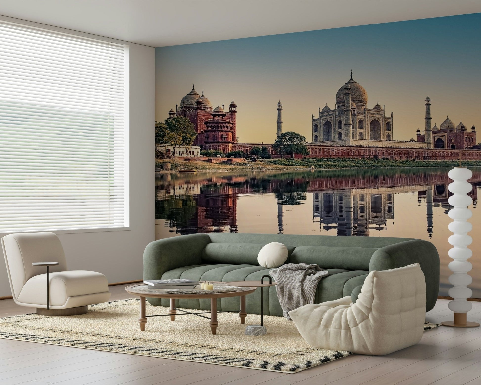 Symmetrical architecture and river view wall mural for a peaceful prayer room.