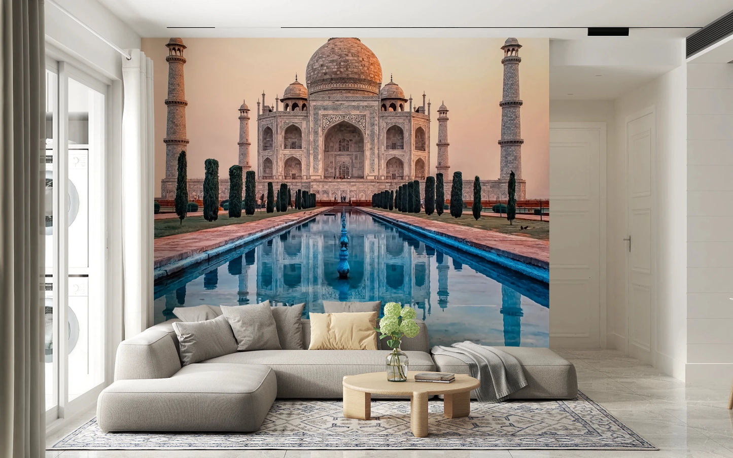Ethereal marble wall mural with soft golden hour light