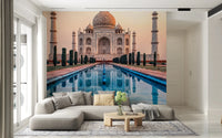 Ethereal marble wall mural with soft golden hour light