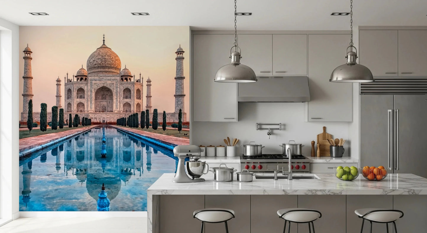 Traditional heritage wall mural with reflective water pool