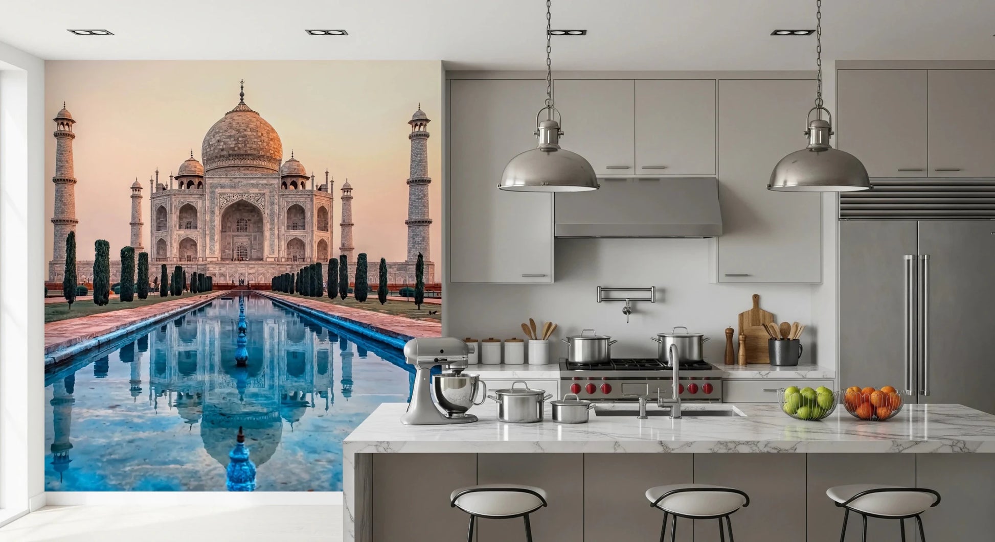 Traditional heritage wall mural with reflective water pool