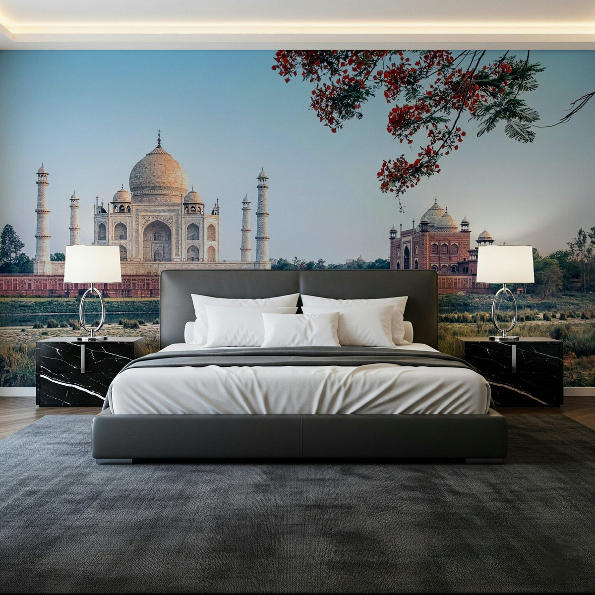 Taj Serenity wall mural showing a white marble domed mausoleum at dawn GD7369
