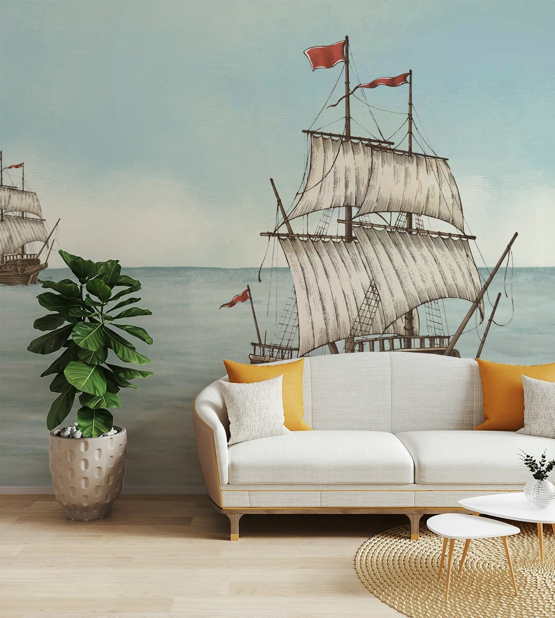 Serene ocean scene with a fleet of ships

