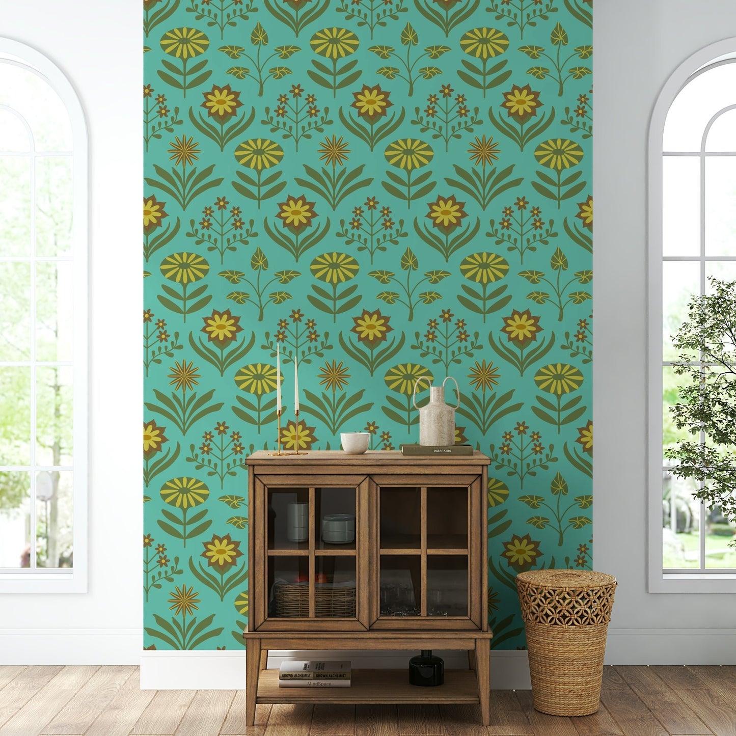 Vintage olive green, brown, and turquoise colors.

