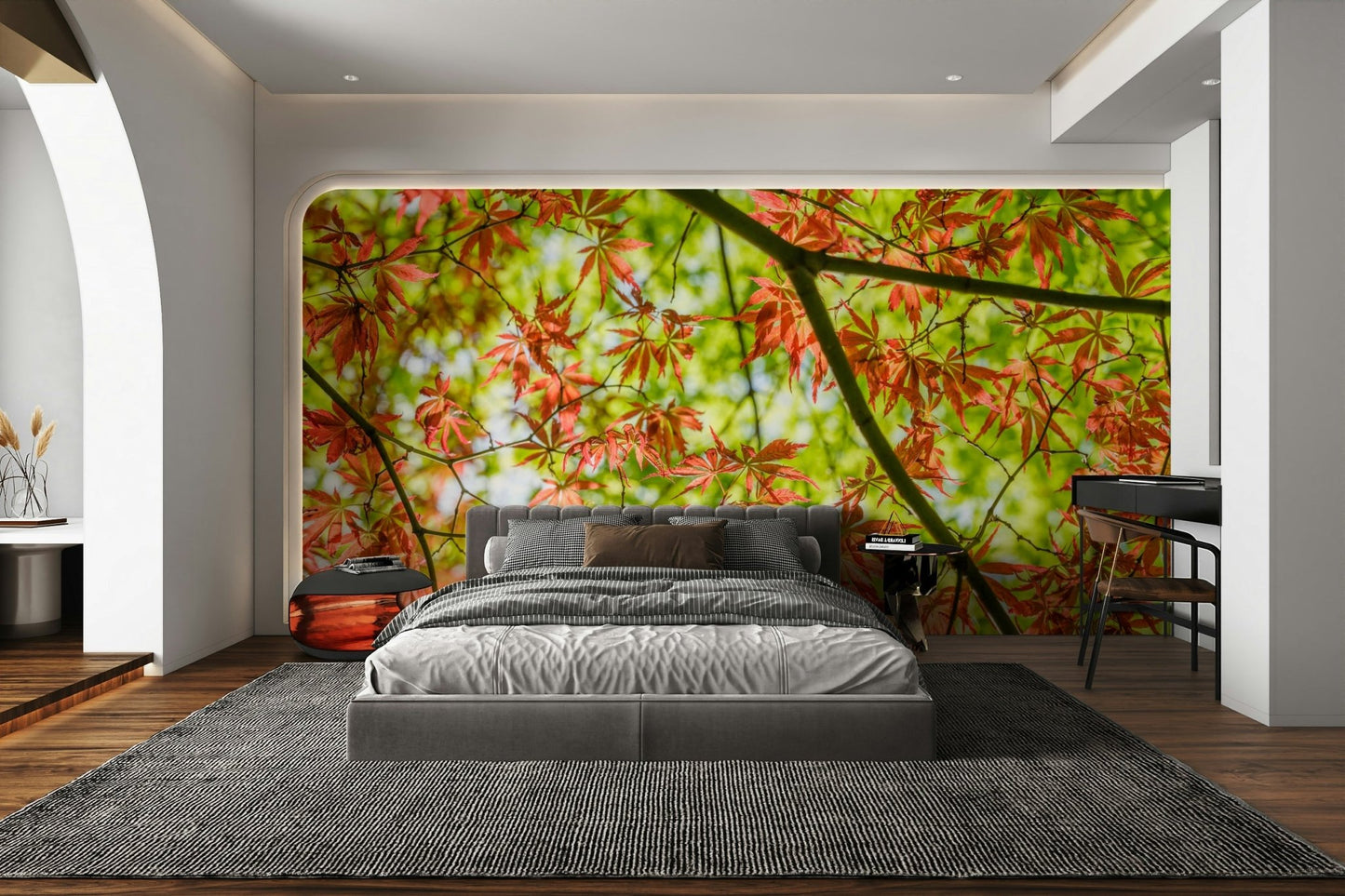 Sunlight dappling through colorful leaves.

