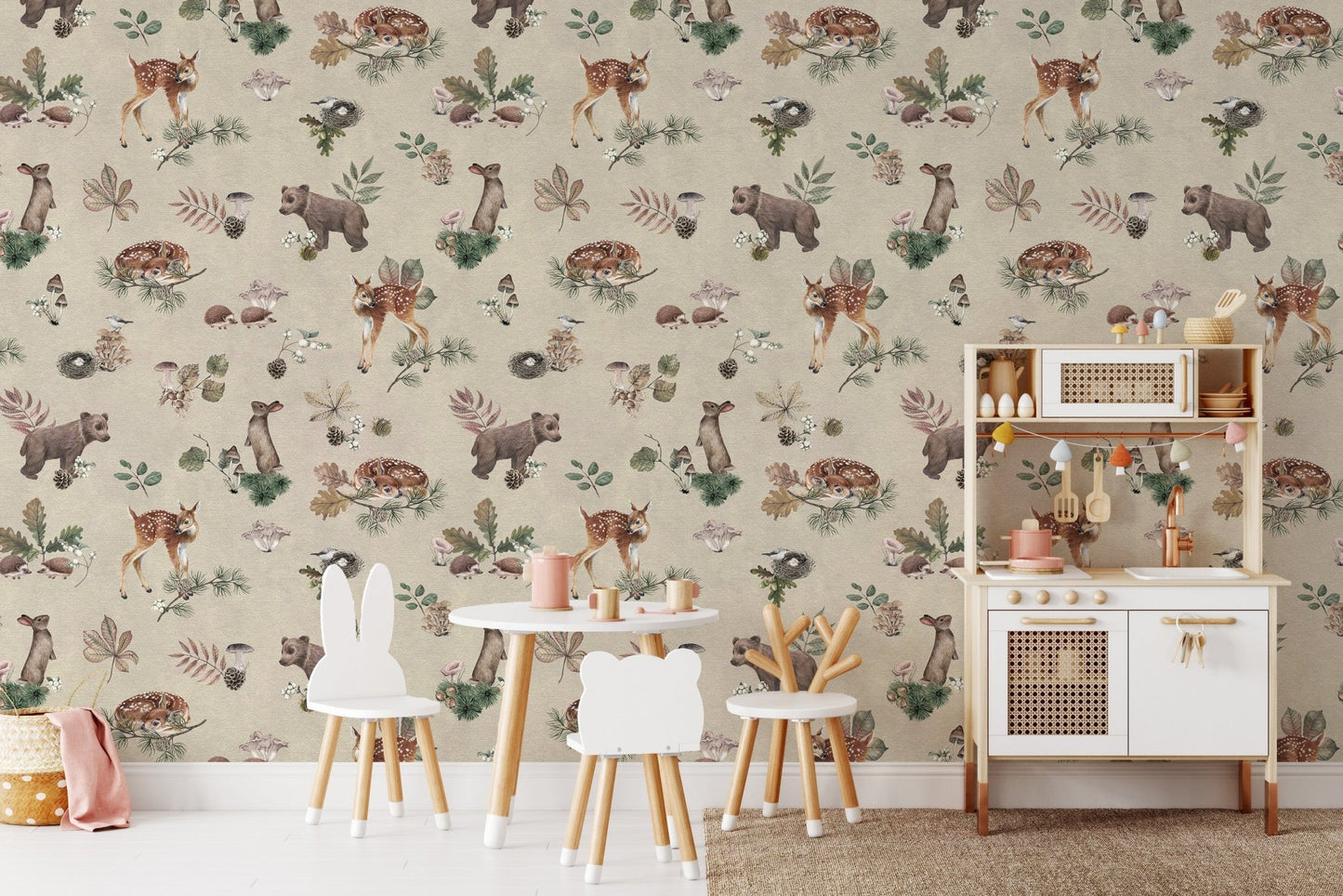Cozy nursery wallpaper with baby animals
