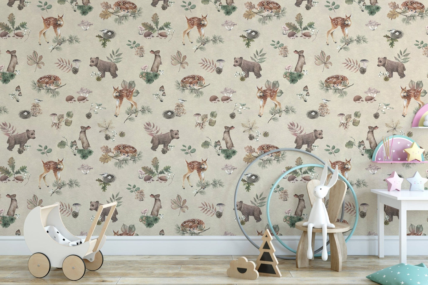 Soft beige wildlife wallpaper for nursery
