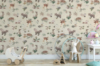 Soft beige wildlife wallpaper for nursery
