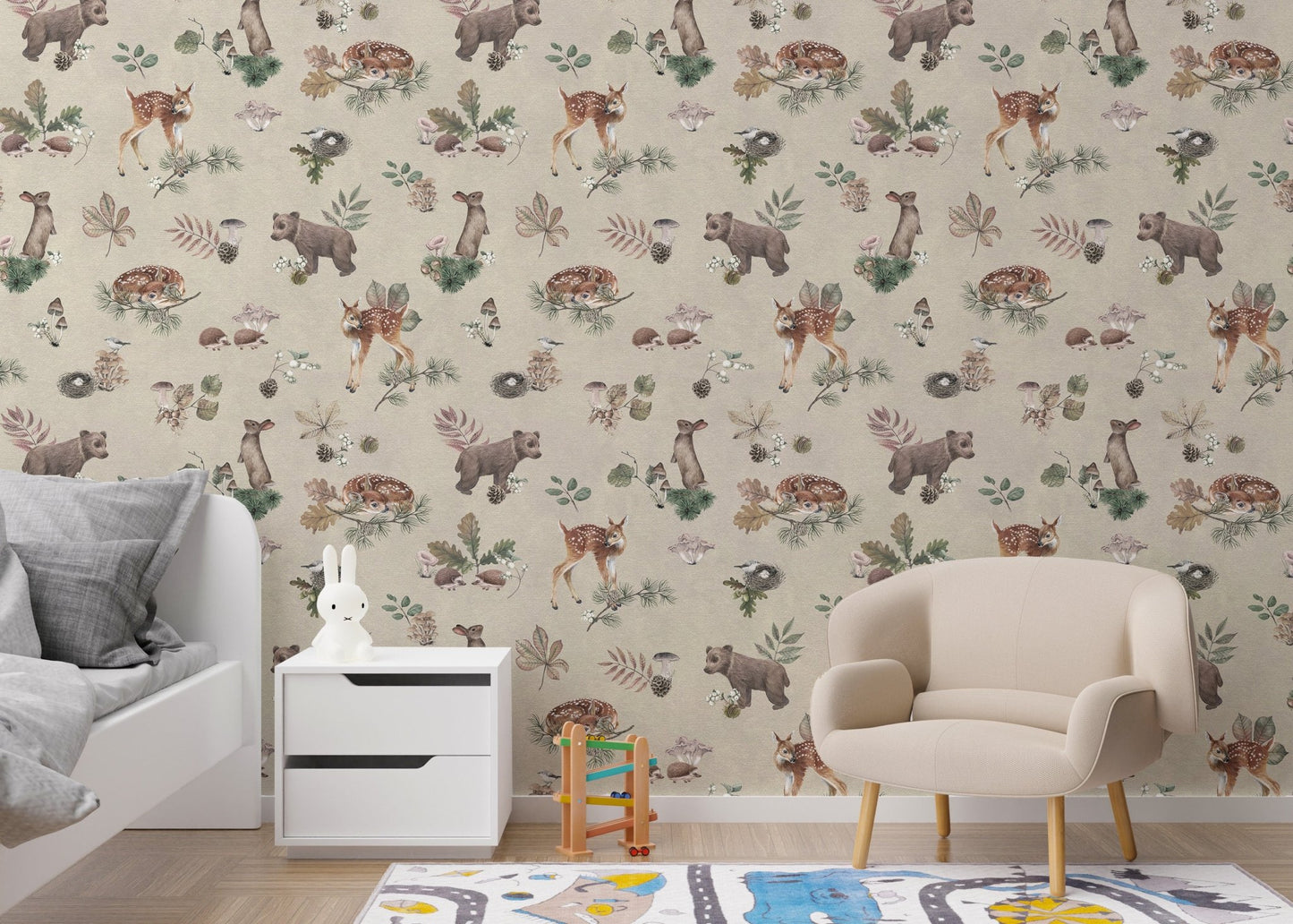 Taupe beige baby animal nursery wallpaper
