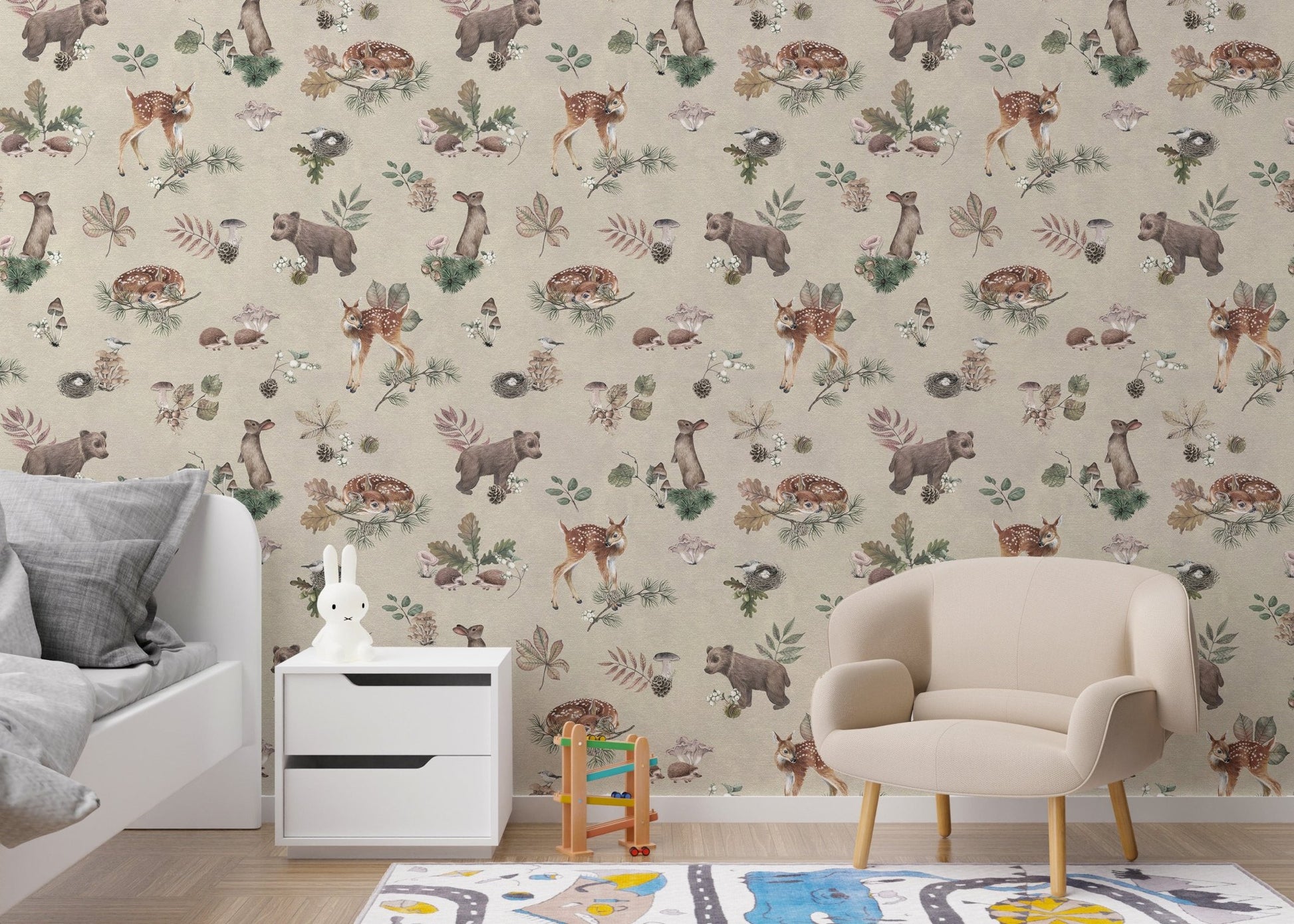 Taupe beige baby animal nursery wallpaper
