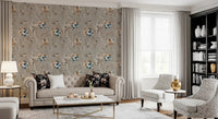 Living room with Taupe Vintage Botanical Wallpaper and blue bird detail