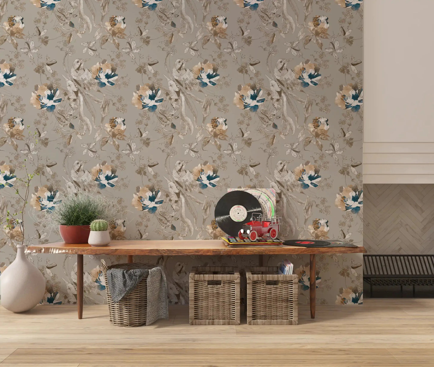 Blue birds define this Taupe Vintage Botanical Wallpaper beautifully