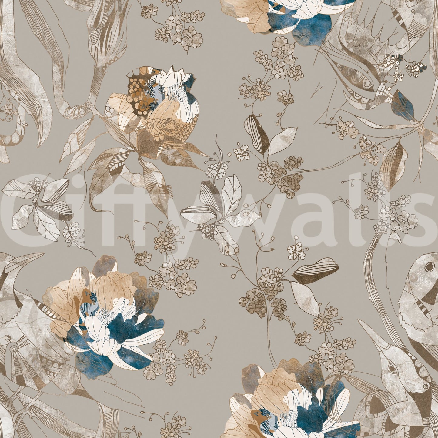 A muted floral repeat marks Taupe Vintage Botanical Wallpaper gently