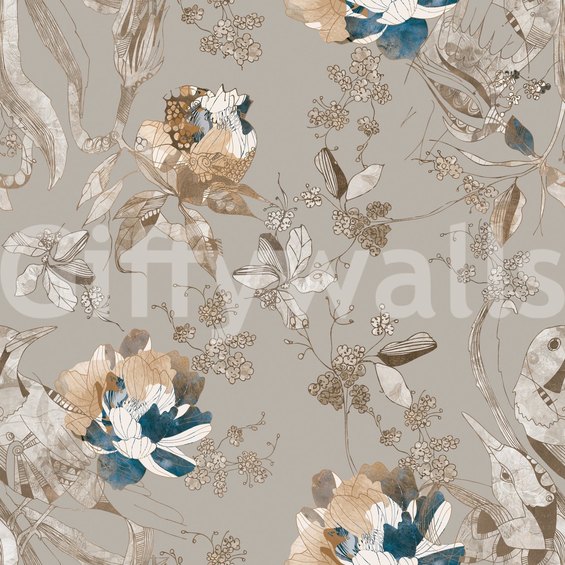 A muted floral repeat marks Taupe Vintage Botanical Wallpaper gently