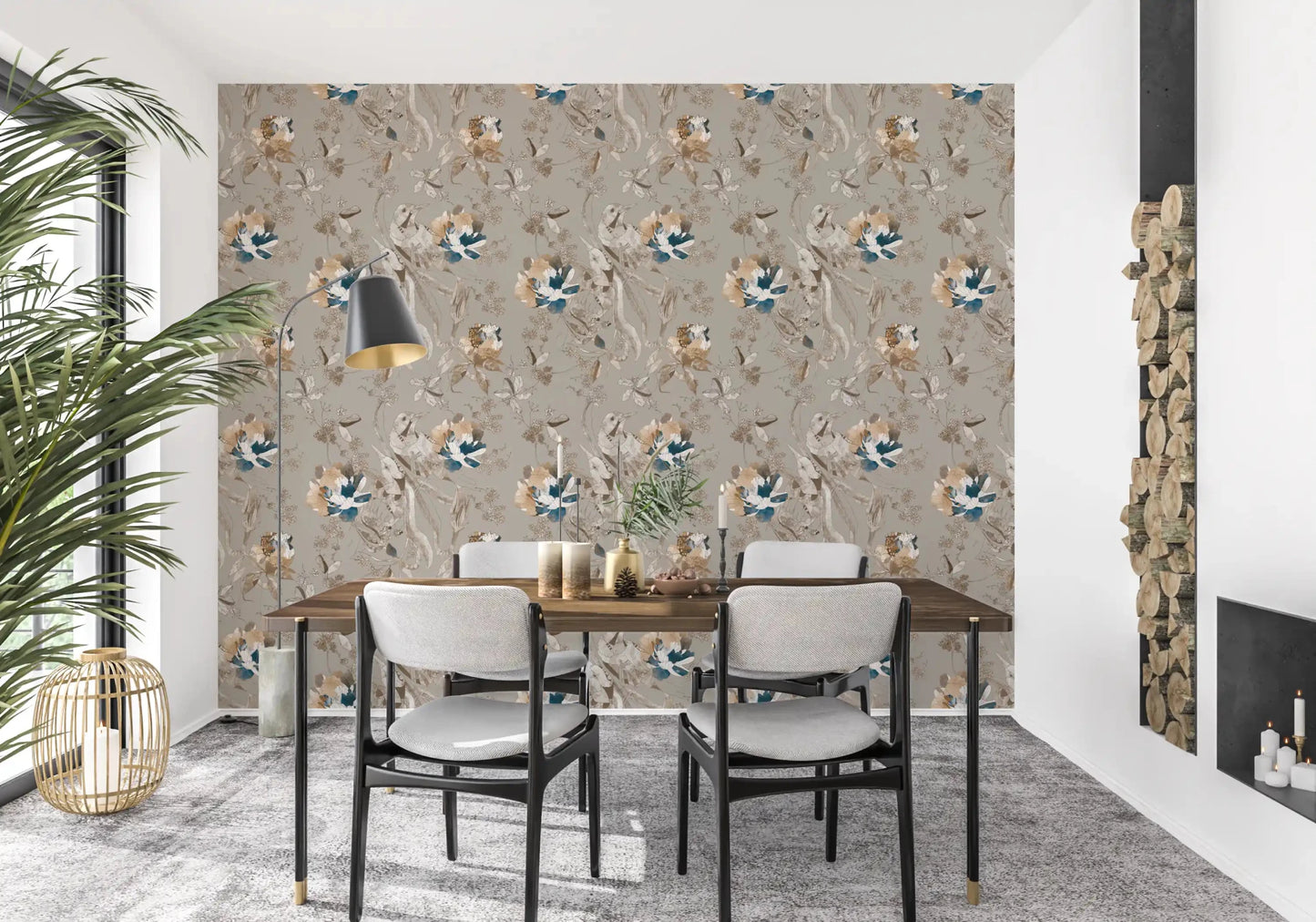 Vintage bird motifs enrich Taupe Vintage Botanical Wallpaper softly