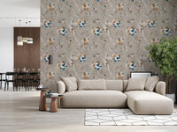 Balanced bird and bloom detail fills Taupe Vintage Botanical Wallpaper