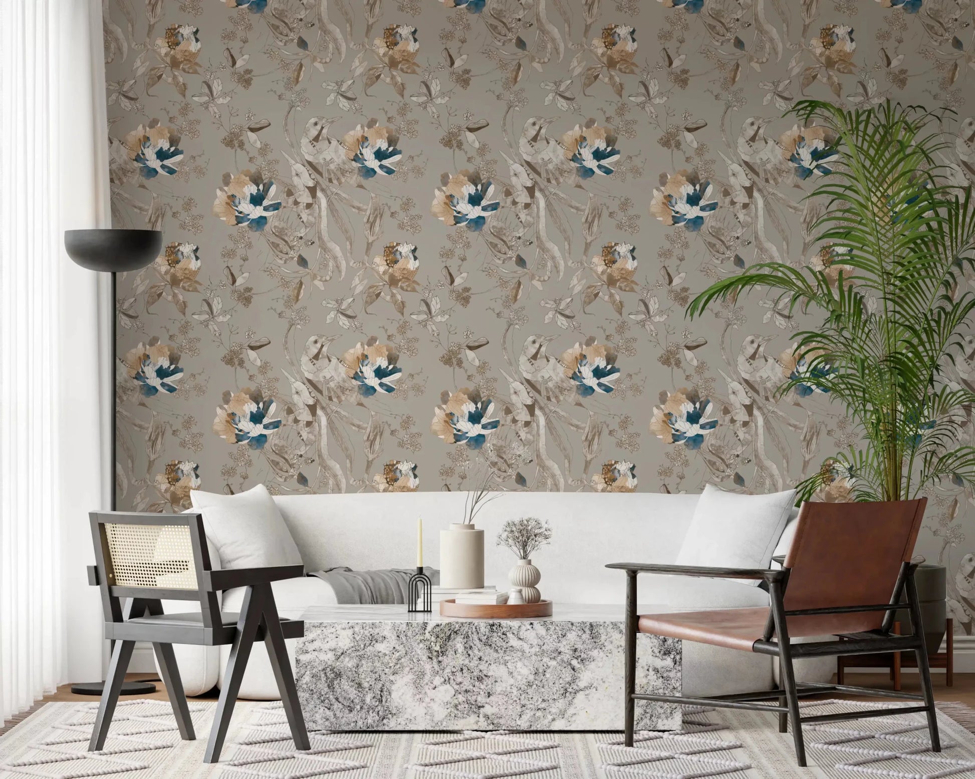 Fine leaf accents run through Taupe Vintage Botanical Wallpaper clearly