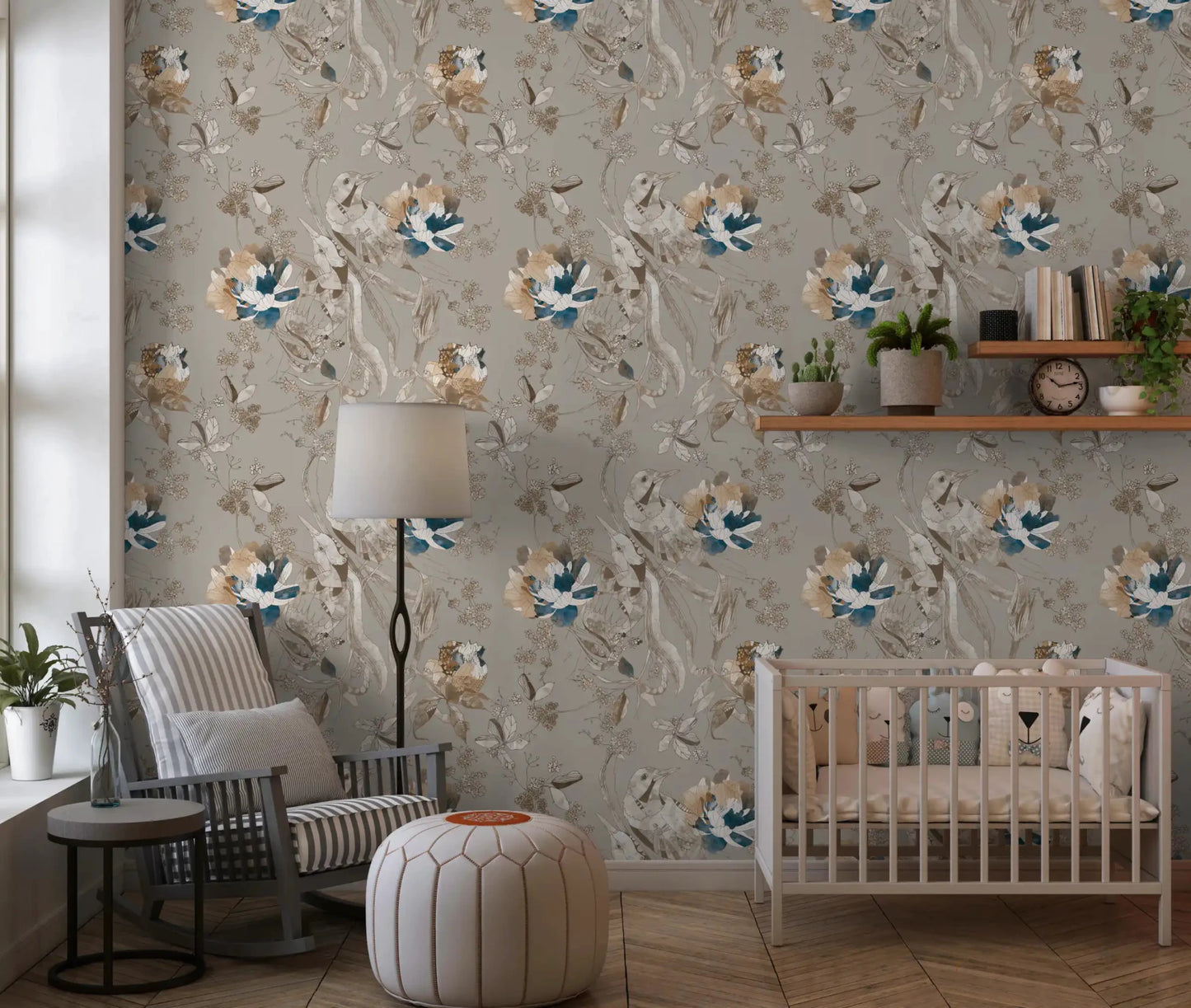 Delicate blossoms shape Taupe Vintage Botanical Wallpaper with calm detail