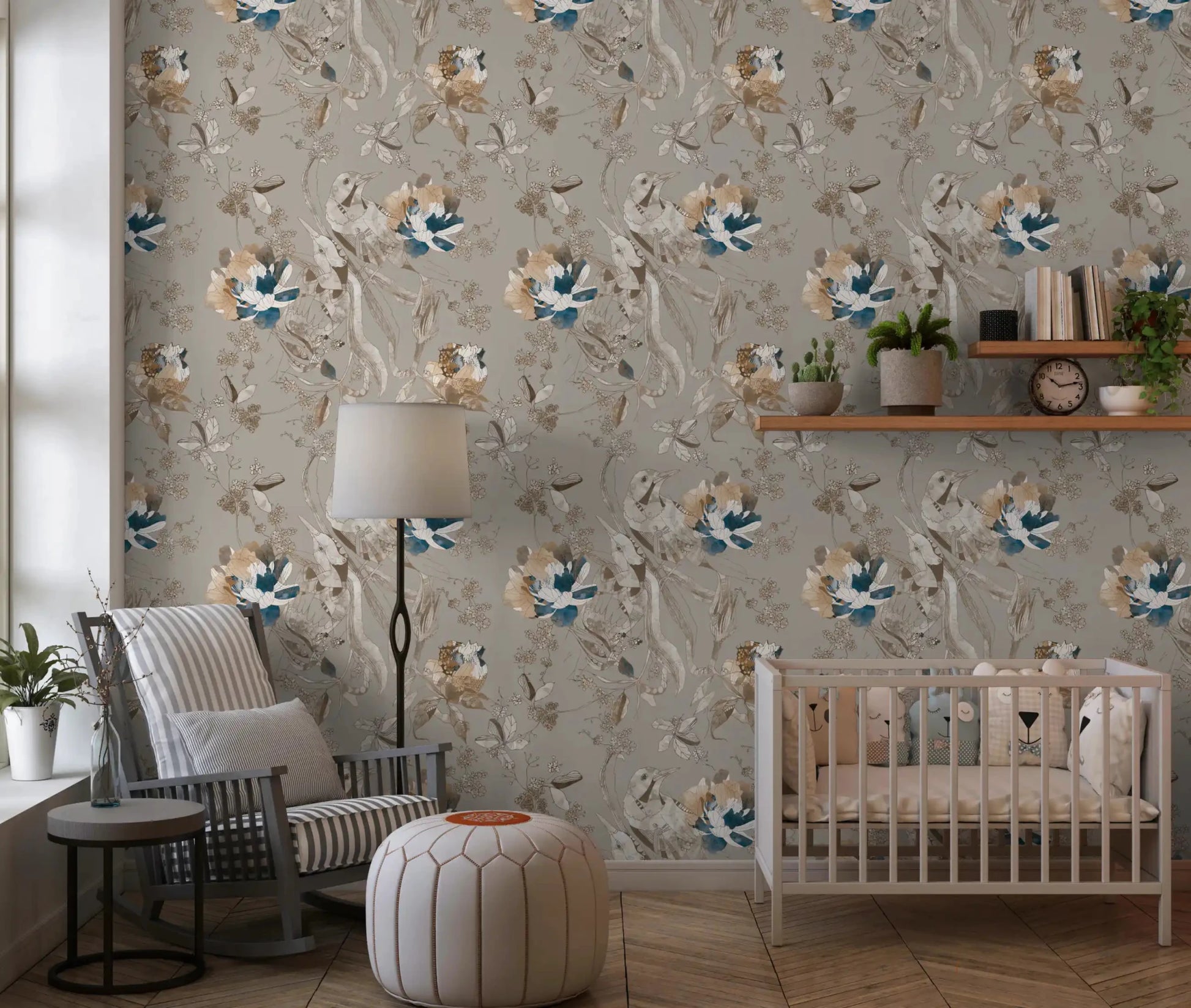 Delicate blossoms shape Taupe Vintage Botanical Wallpaper with calm detail