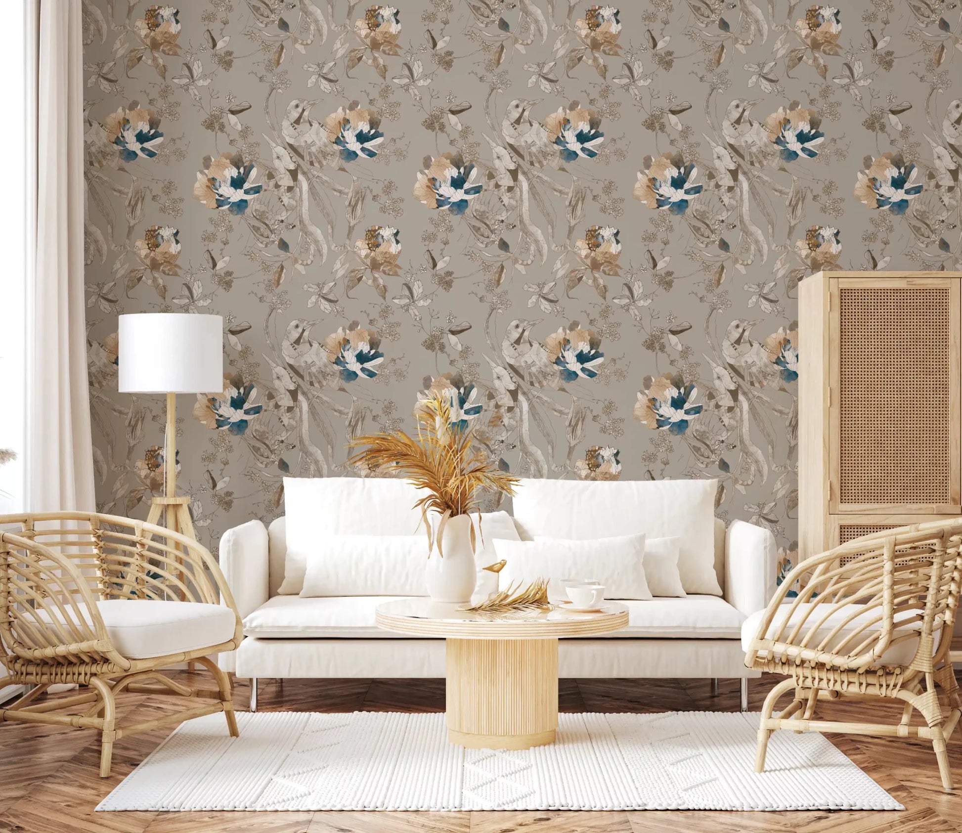 Warm neutral tones give Taupe Vintage Botanical Wallpaper a soft look