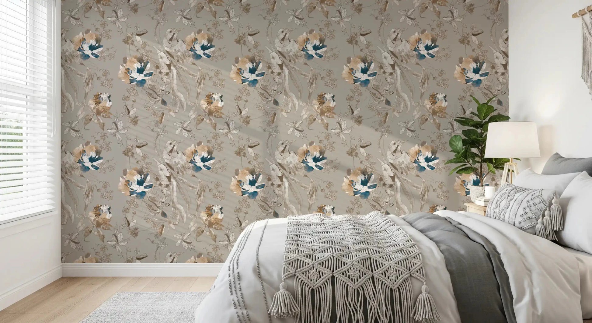 Bedroom styled in Taupe Vintage Botanical Wallpaper with soft blooms