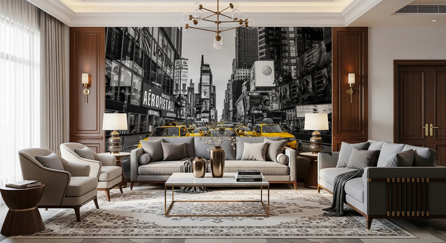 Monochrome city wallpaper with yellow taxi accents for bedroom.