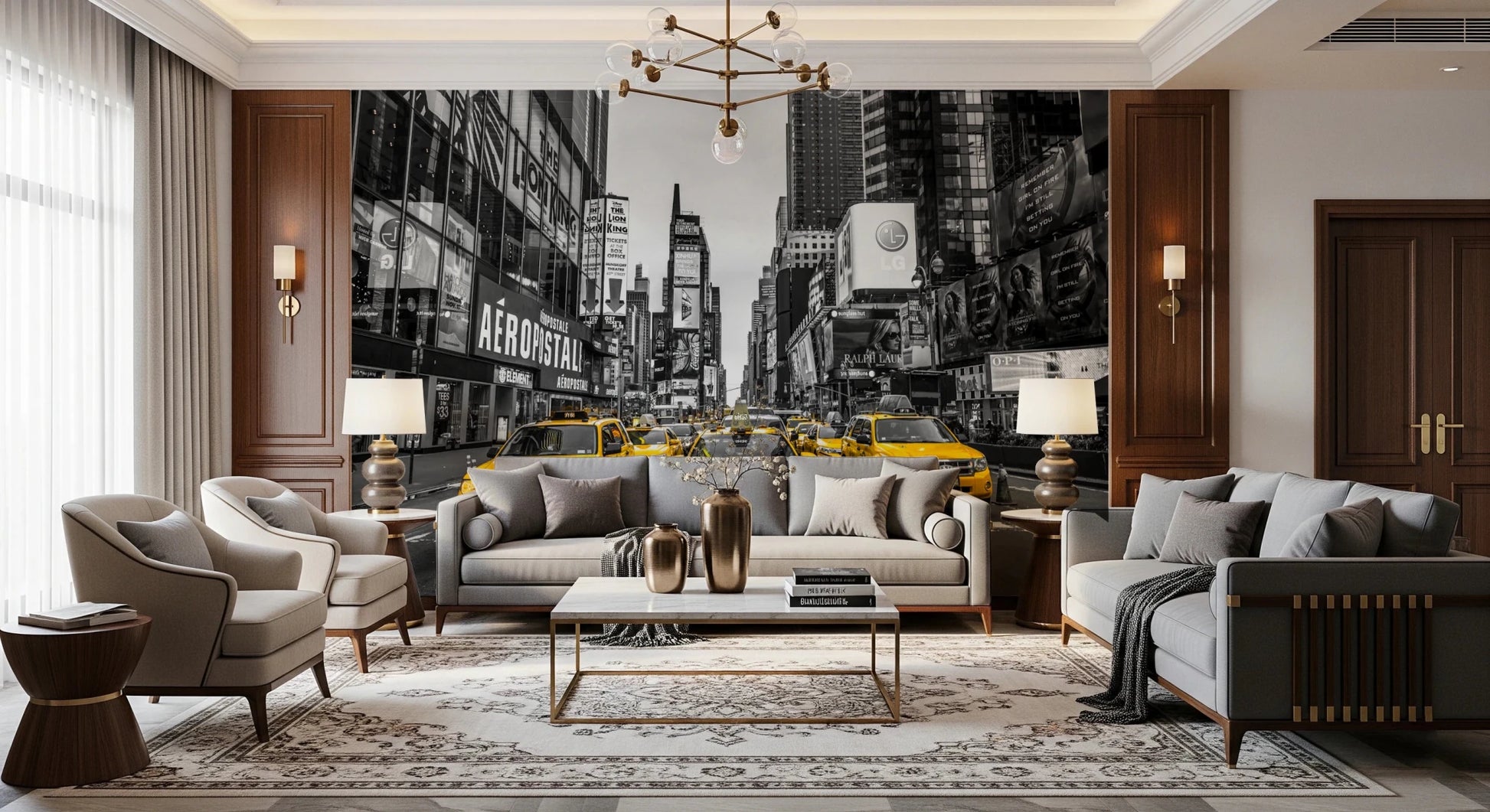 Monochrome city wallpaper with yellow taxi accents for bedroom.