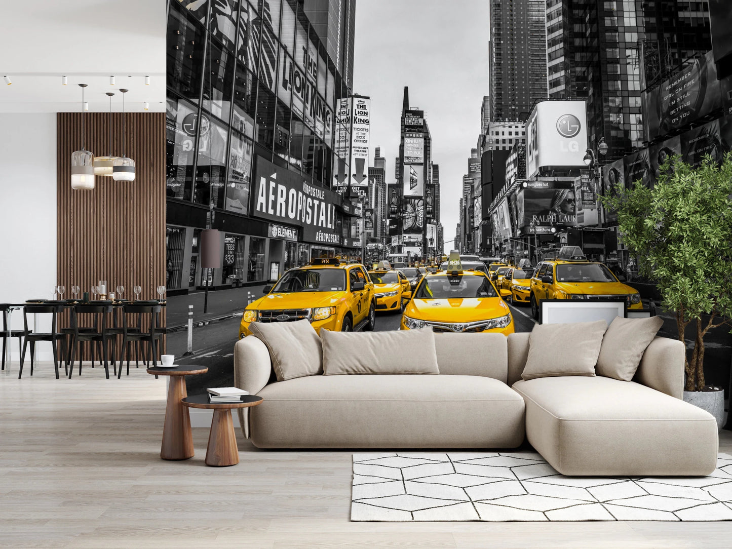 Iconic street scene wall mural featuring yellow cabs for office.