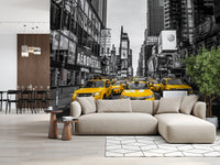 Iconic street scene wall mural featuring yellow cabs for office.