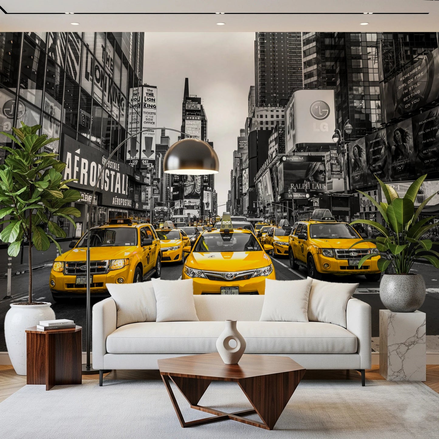 Urban architecture wall mural with bright yellow vehicle highlights.