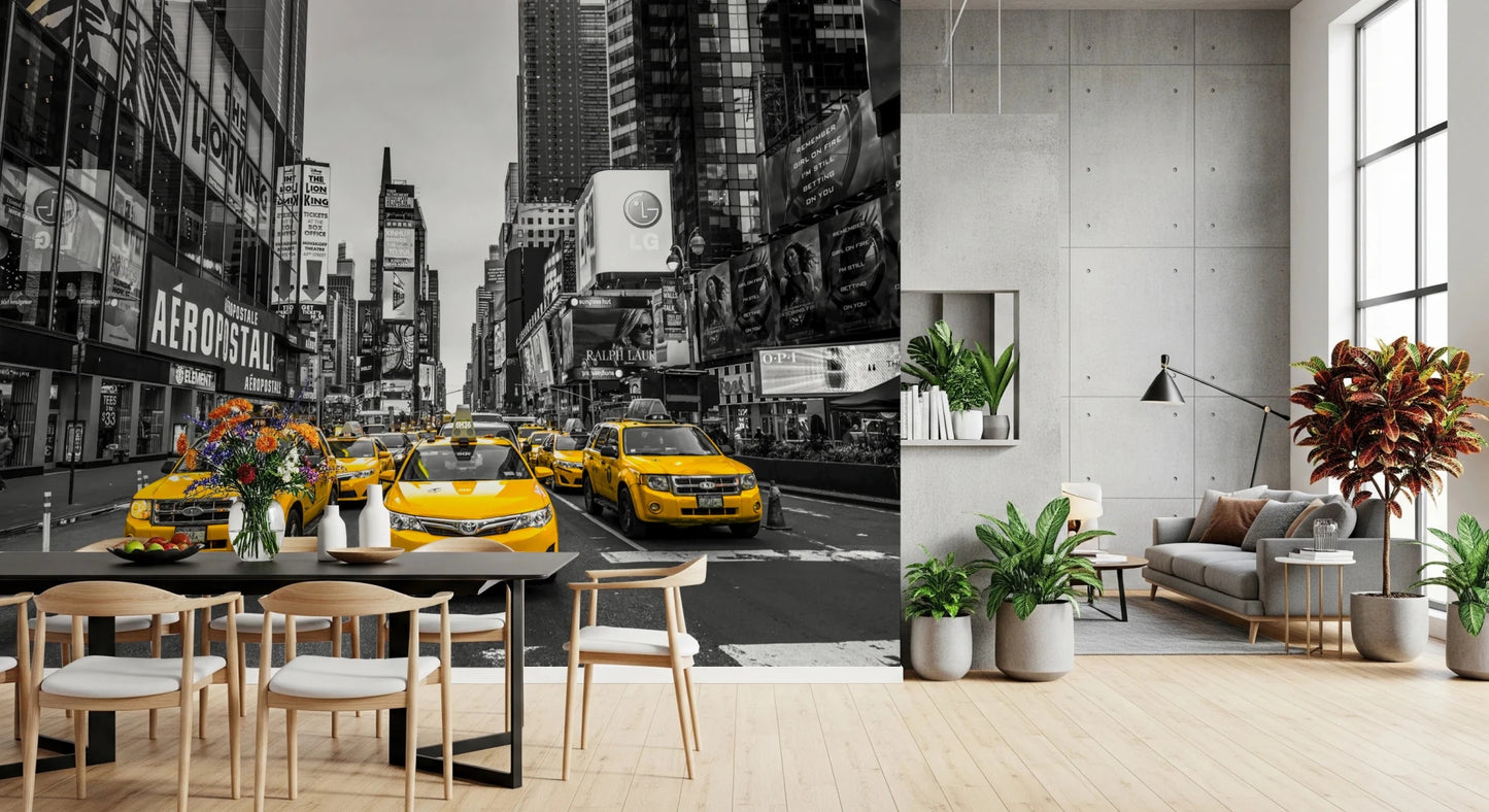 Vibrant yellow taxi wallpaper for a stylish teen study room.