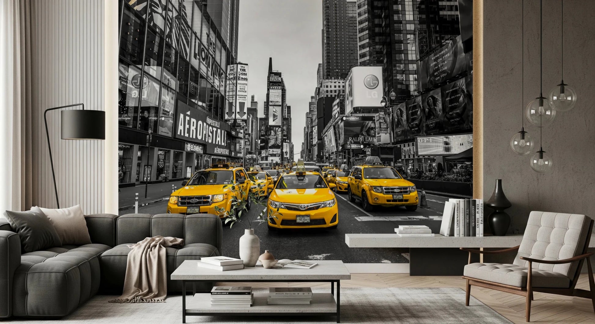 Taxi Rush Hour Wall Mural for lounge area with skyscraper view.