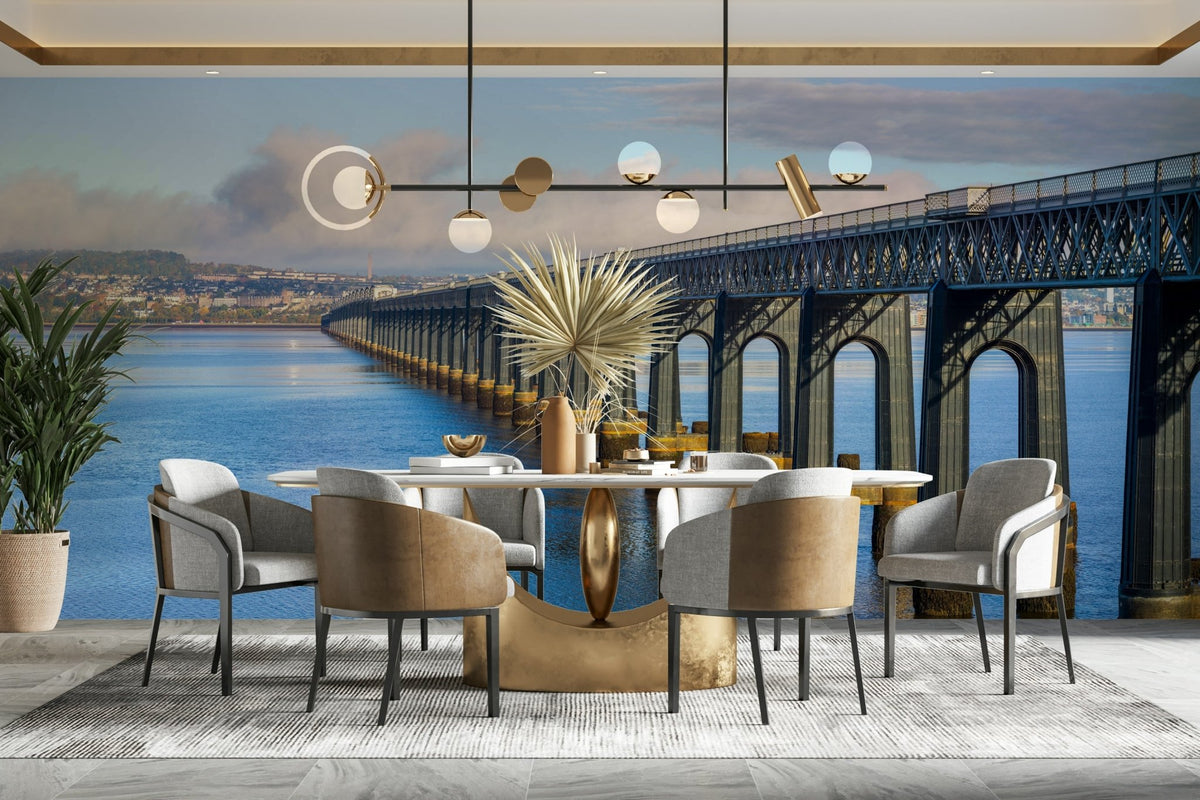 Tay Bridge Majesty wall mural showing a long railway bridge over calm blue water GD5001
