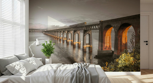 Tay Rail Bridge wall mural in a modern living room setting