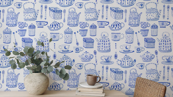 Elegant tea set in blue wallpaper for a calming kitchen vibe. RNM98
