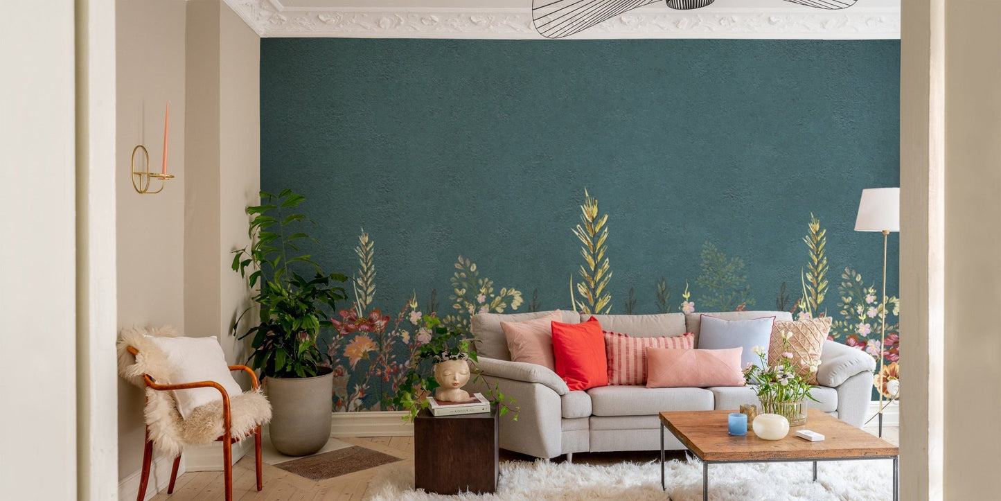 Stylish teal wildflower wall covering
