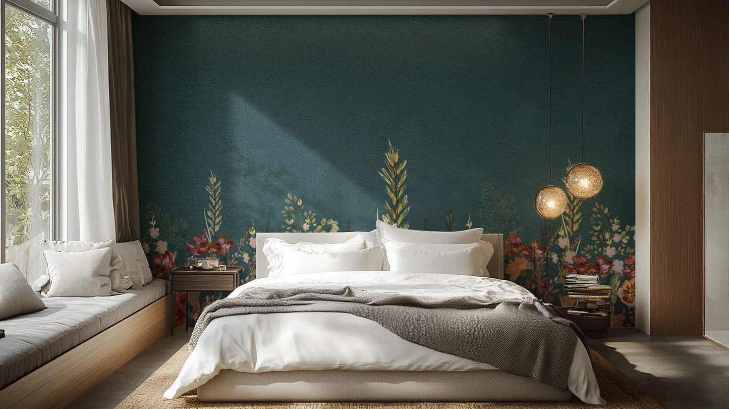 Wildflower pattern wallpaper in teal
