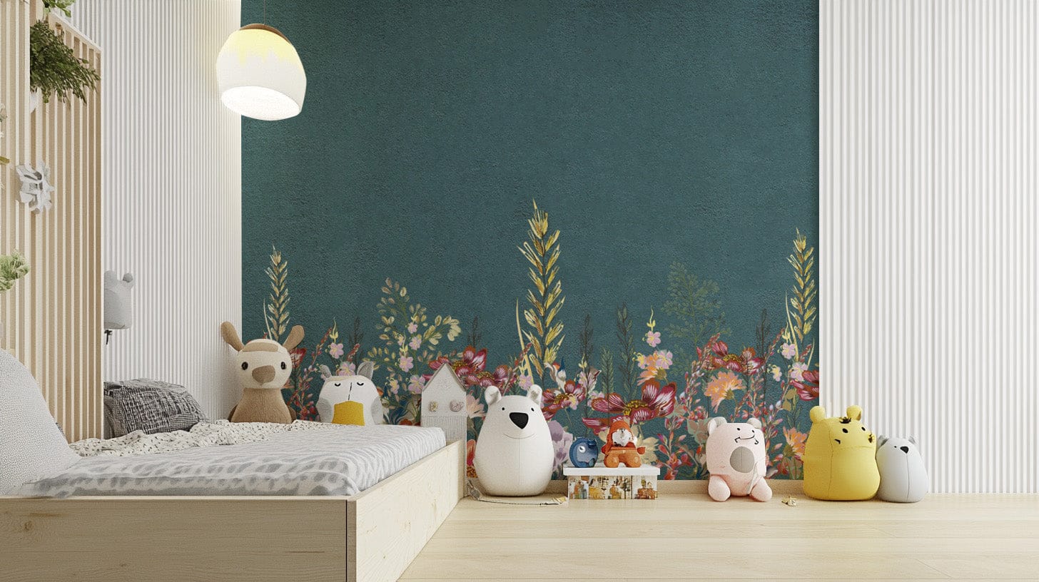 Floral wildflower wallpaper in teal
