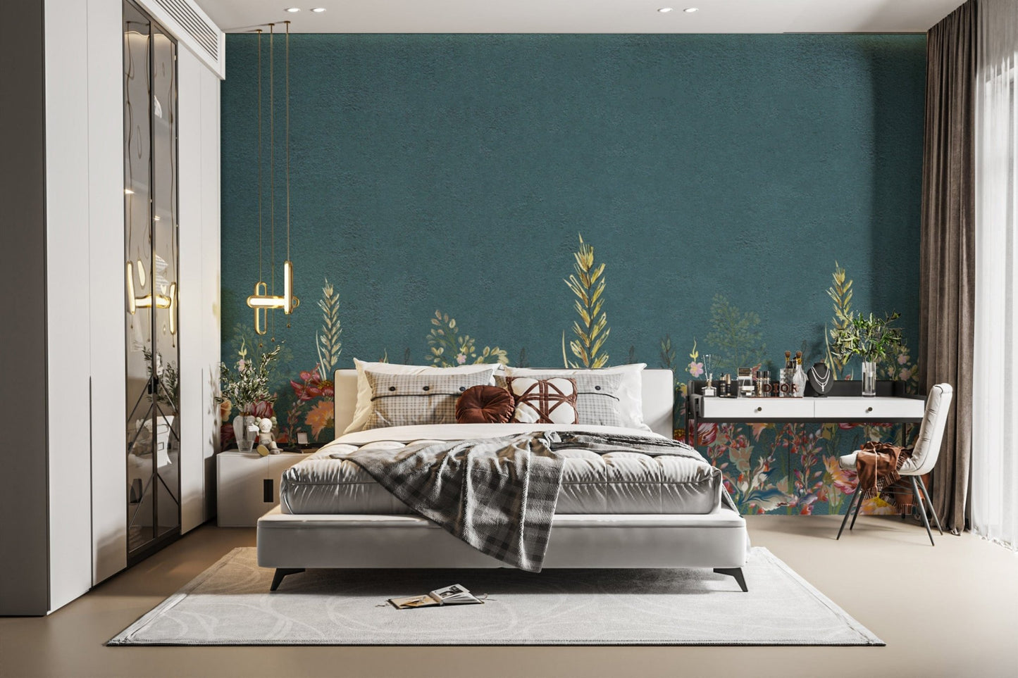 Teal botanical wildflower wall mural
