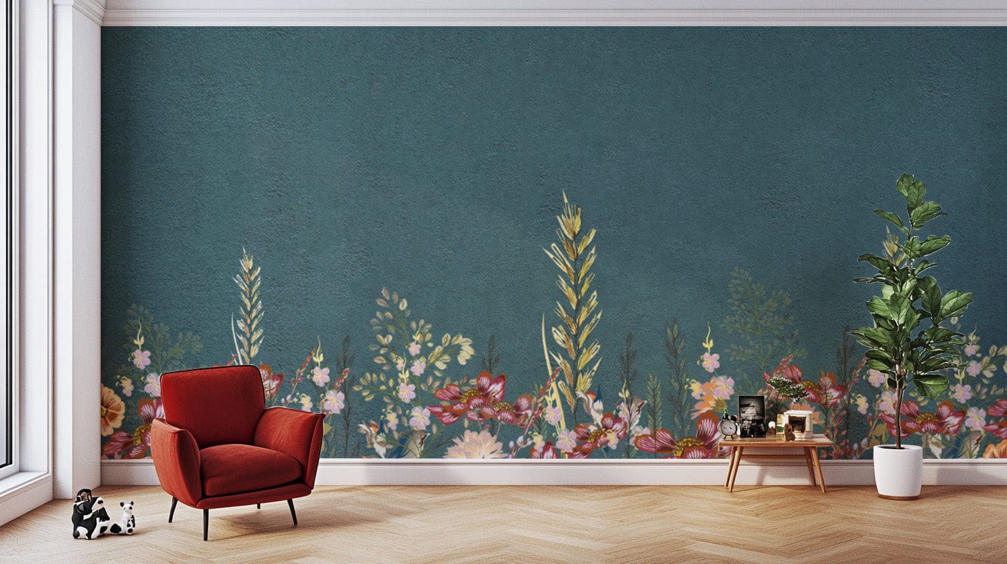 Elegant teal botanical wallpaper design
