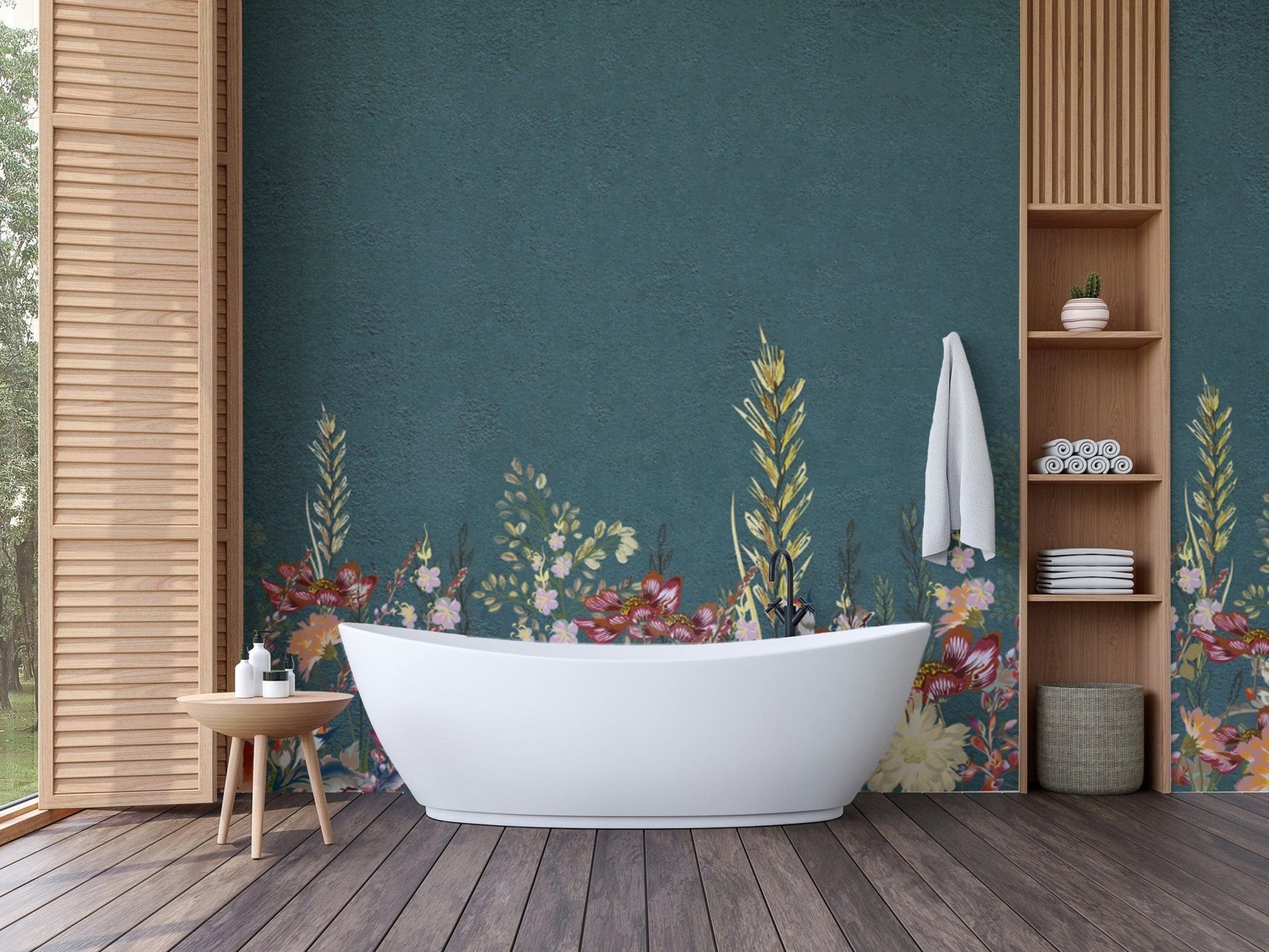 Artistic teal botanical floral mural
