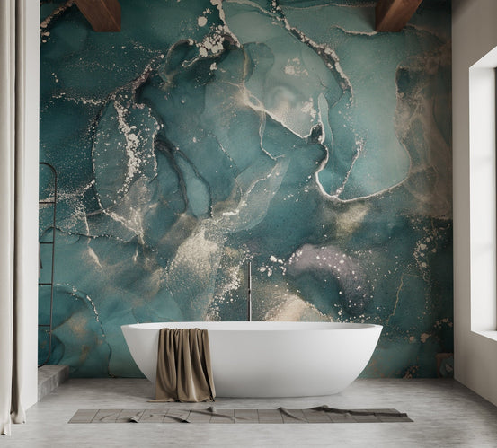 Bathroom Refresh with Teal Marble Wallpaper Mural A582