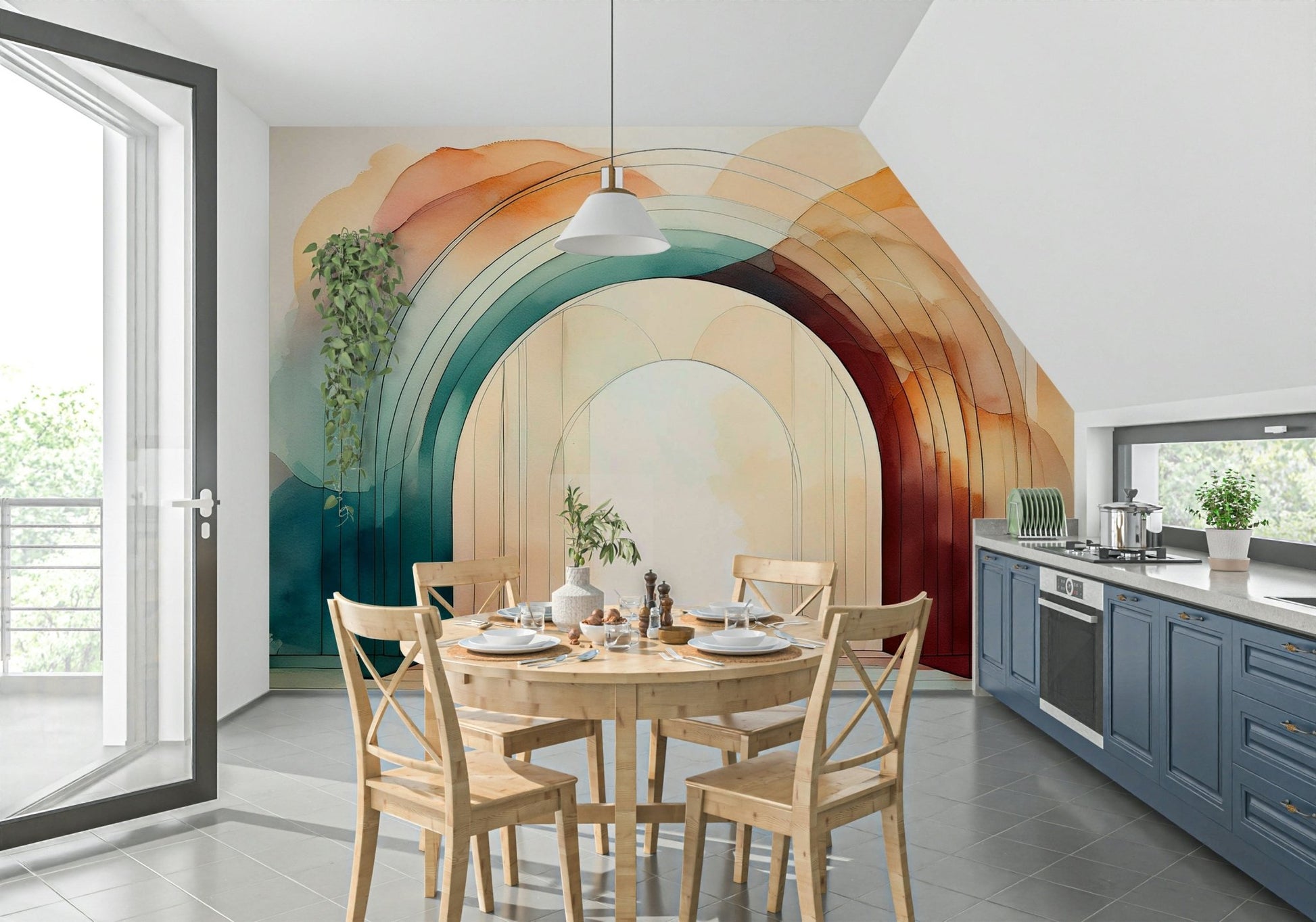 Chic teal arches wallpaper mural for unique room designs